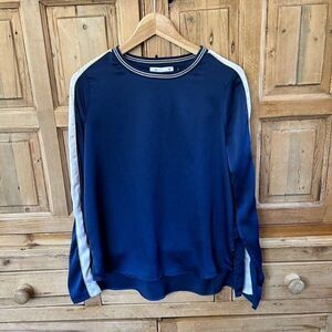 IKKS We Are Young Large Navy Blue Satin Blouse Gold Stripe Sleeve Long Sleeve‎